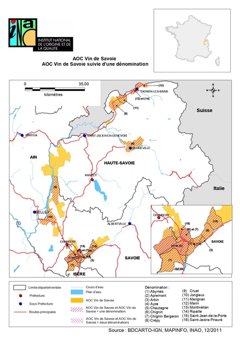 Carte des délimitations officielles INAO des appellations Vin de Savoie