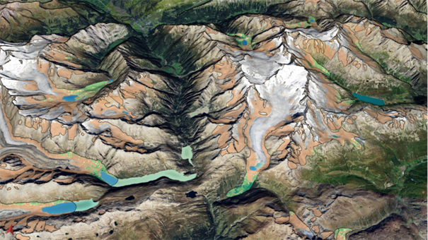Illustration de l'étendu des glaciers en 1850 (contours noirs) et des écosystèmes postglaciaires en 2020 (zones colorées), dans la région du glacier du Rhône - Suisse.