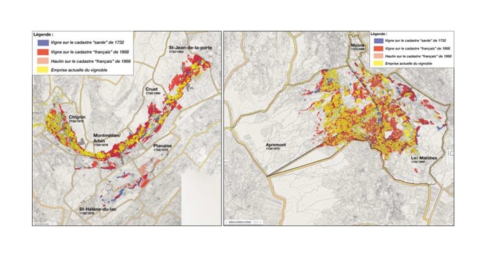 Cartes de l’évolution du vignoble de la Combe de Savoie (gauche) et des Abymes du Granier (droite) depuis 1732 